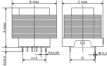 Габаритные размеры трансформаторов питания ТШ на частоту 50 Гц
