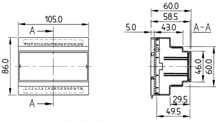 Рис.1. Габаритные и присоединительные размеры контроллера Waterheat-UM2-24