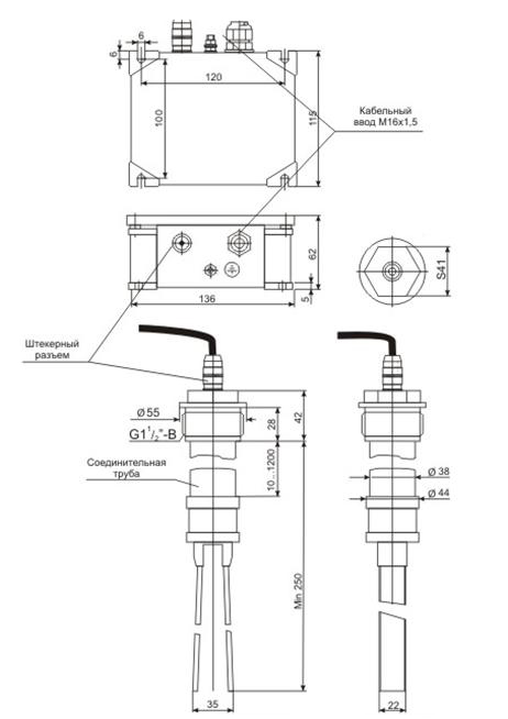 Схема габаритных и присоединительных размеров сигнализатора ВС-341